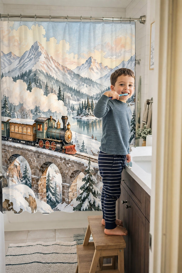 Child brushing teeth in a family bathroom with the Winter Train shower curtain