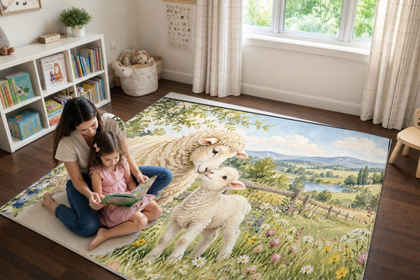 Mom and daughter reading a book on the Lamb Meadow Farm play rug