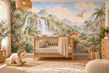 Watercolor Tropical Dinosaur Garden Wall Mural, image 1