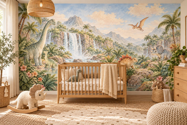 Watercolor Tropical Dinosaur Garden Wall Mural, image 1