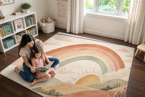 Mom and daughter reading a book on the Rainbow Sunrise Hills play rug