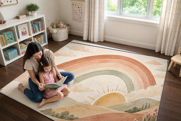 Mom and daughter reading a book on the Rainbow Sunrise Hills play rug