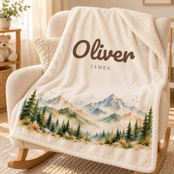 Woodland sherpa baby blanket, personalized, styled photo 1