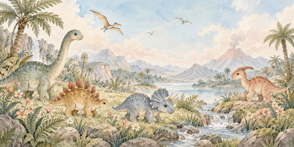 Watercolor Prehistoric Meadow Dinosaur Wall Mural, image 3