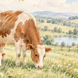 Cow and Calf Farm kids rug, close up of the watercolor artwork