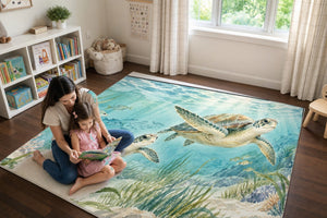 Mom and daughter reading a book on the Sea Turtles Ocean play rug