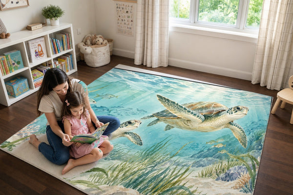 Mom and daughter reading a book on the Sea Turtles Ocean play rug