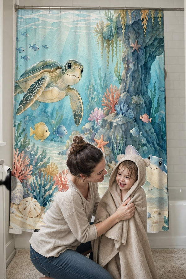 Mom drying her toddler in a hooded towel in front of the Treasure Cove Ocean shower curtain