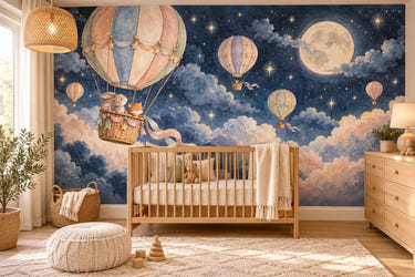 Watercolor Moonlit Flight Hot Air Balloon Wall Mural, image 1