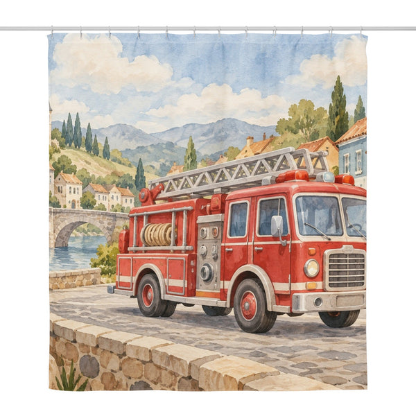Fire Truck Town shower curtain, full front view of the 71 x 74 in fabric curtain