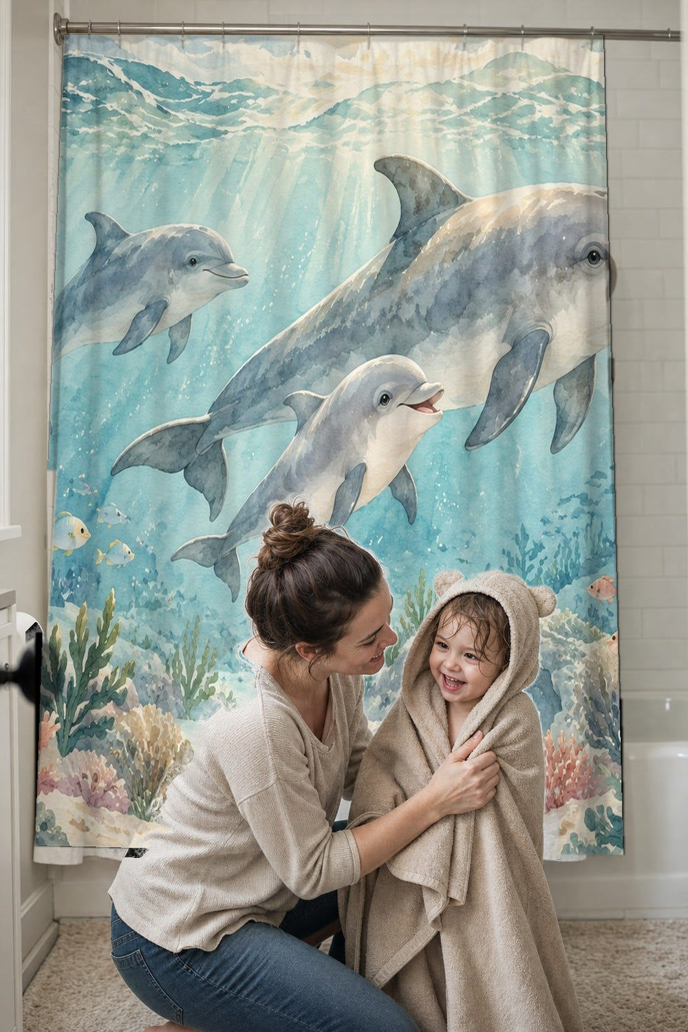 Dolphin Family Ocean shower curtain, full front view of the 71 x 74 in fabric curtain