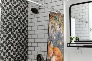 Sleepy Fox shower curtain in a modern farmhouse bathroom with subway tile