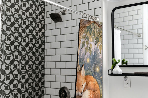 Sleepy Fox shower curtain in a modern farmhouse bathroom with subway tile