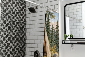 Bear Tent Sunrise Camping shower curtain in a modern farmhouse bathroom with subway tile