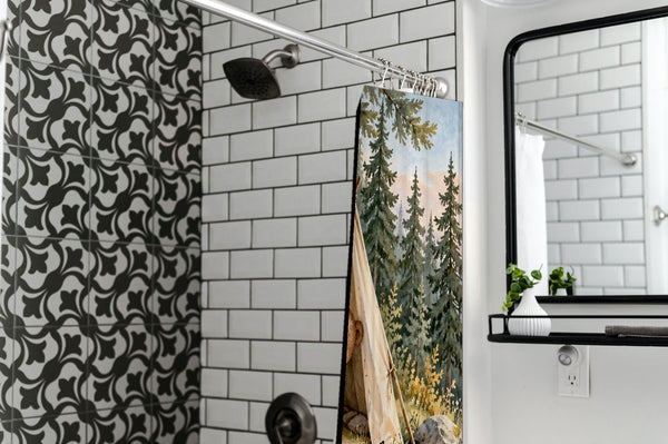 Bear Tent Sunrise Camping shower curtain in a modern farmhouse bathroom with subway tile