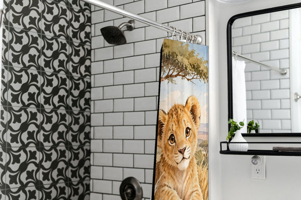 Lion Cub Safari shower curtain in a modern farmhouse bathroom with subway tile