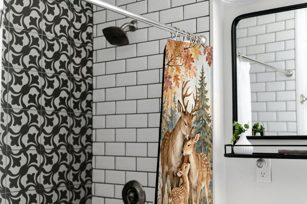 Deer Teepee Camping shower curtain in a modern farmhouse bathroom with subway tile
