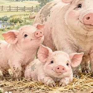Piglet Family Farm shower curtain, close up of the watercolor artwork