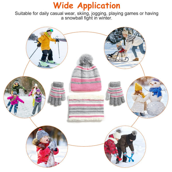 Winter Kids Knitted Hat Scarf Gloves 3Pcs Boys Girls