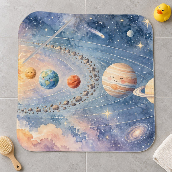 Pastel Planets kids hooded bath towel laid flat