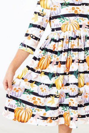 Pumpkins & Peonies 3/4 Sleeve Pocket Twirl Dress