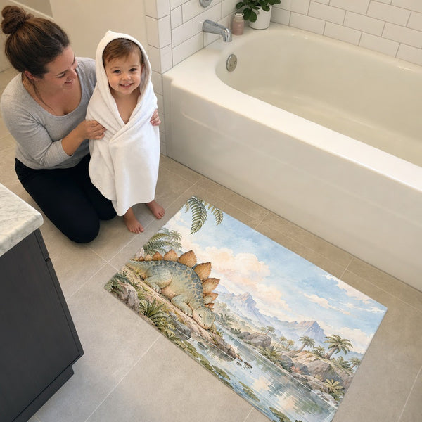 Mom and toddler in a hooded towel next to the Sleepy Stegosaurus Dinosaur bath mat
