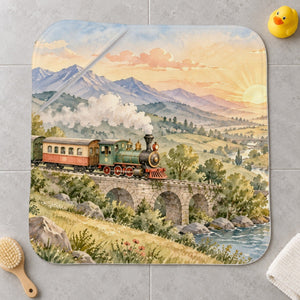 Sunrise Train kids hooded bath towel laid flat