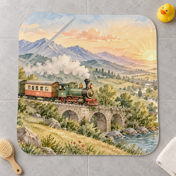 Sunrise Train kids hooded bath towel laid flat