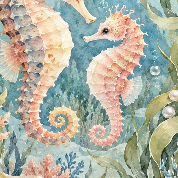 Seahorse Pair Ocean shower curtain, close up of the watercolor artwork