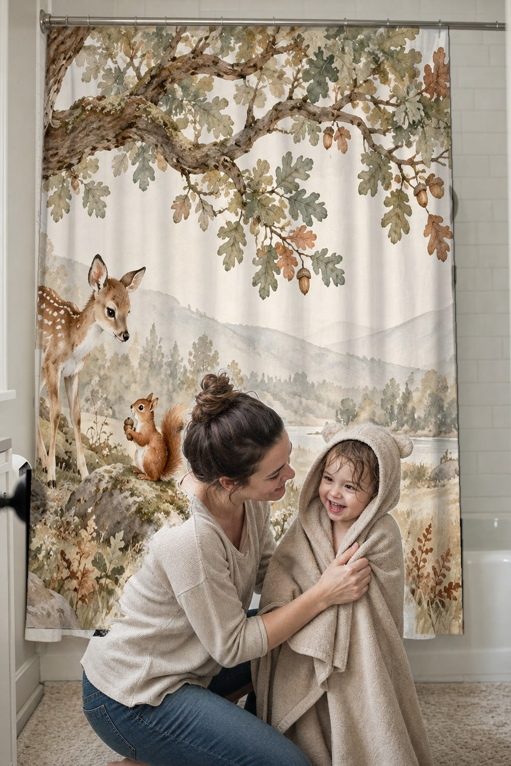 Oak Tree Fawn shower curtain, full front view of the 71 x 74 in fabric curtain
