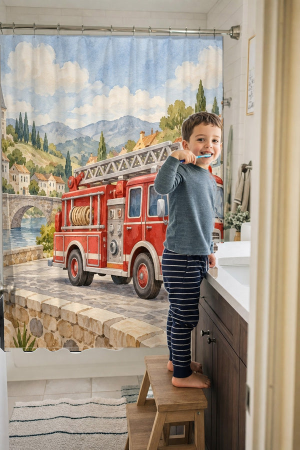 Child brushing teeth in a family bathroom with the Fire Truck Town shower curtain