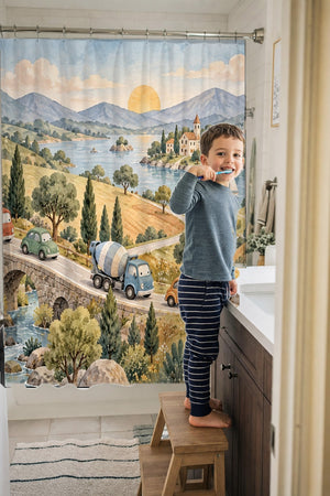 Child brushing teeth in a family bathroom with the Vehicle Parade shower curtain