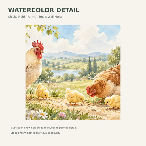 Watercolor Chicks Field Farm Wall Mural, image 4