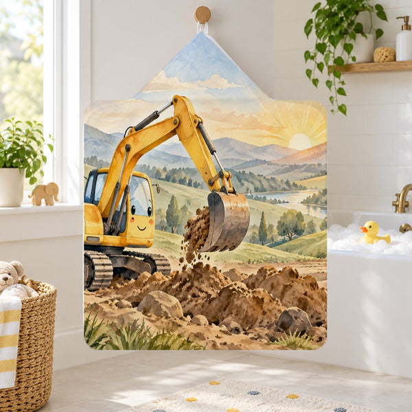 Sunrise Excavator kids hooded bath towel hanging in a kids bathroom