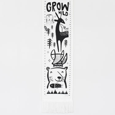 Woodland canvas growth chart for kids' decor, featuring charming forest animals and a playful design.