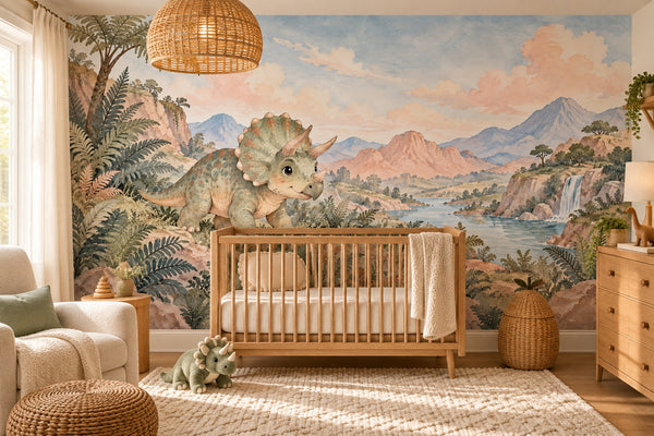 Watercolor Baby Triceratops Dinosaur Wall Mural, image 1