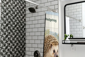 H is for Hedgehog Alphabet shower curtain in a modern farmhouse bathroom with subway tile