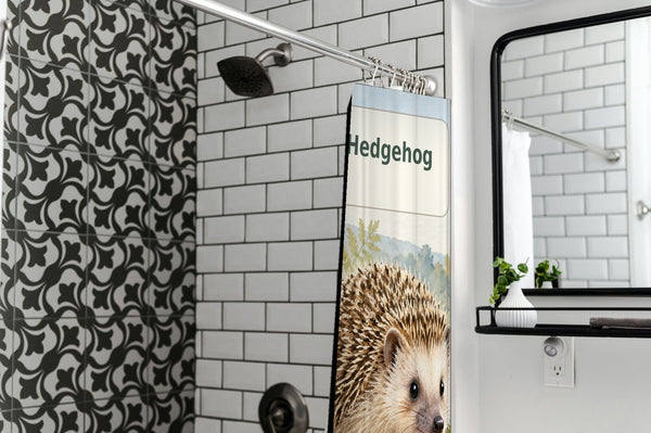 H is for Hedgehog Alphabet shower curtain in a modern farmhouse bathroom with subway tile