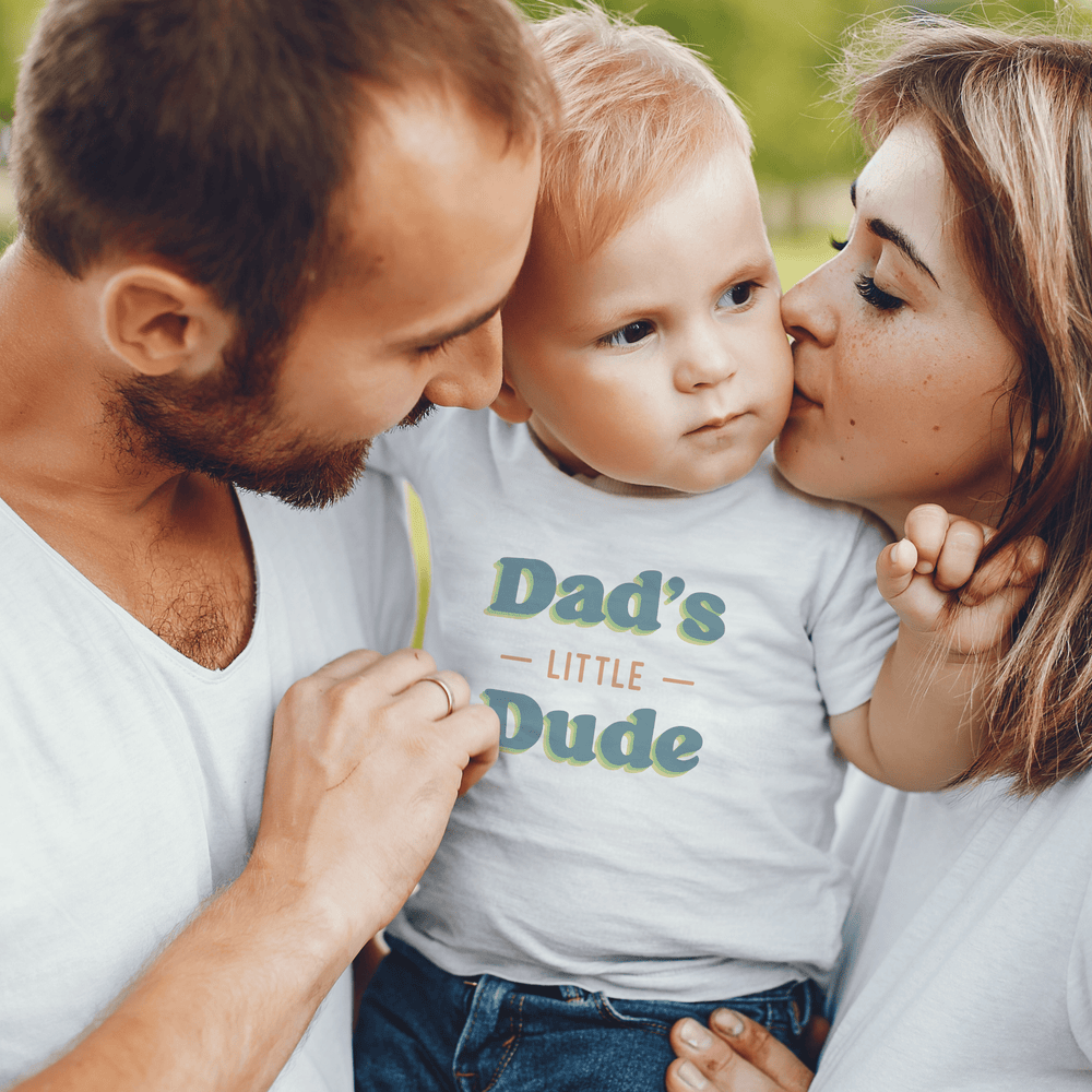 "Graphic bodysuit for babies featuring 'Dad's Little Dude' design - Short Sleeve Bodysuit"