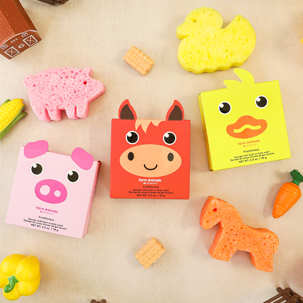 "Farm Animals Assorted Pack - Body Wash Infused Buffers for gentle, fun bath time for babies."