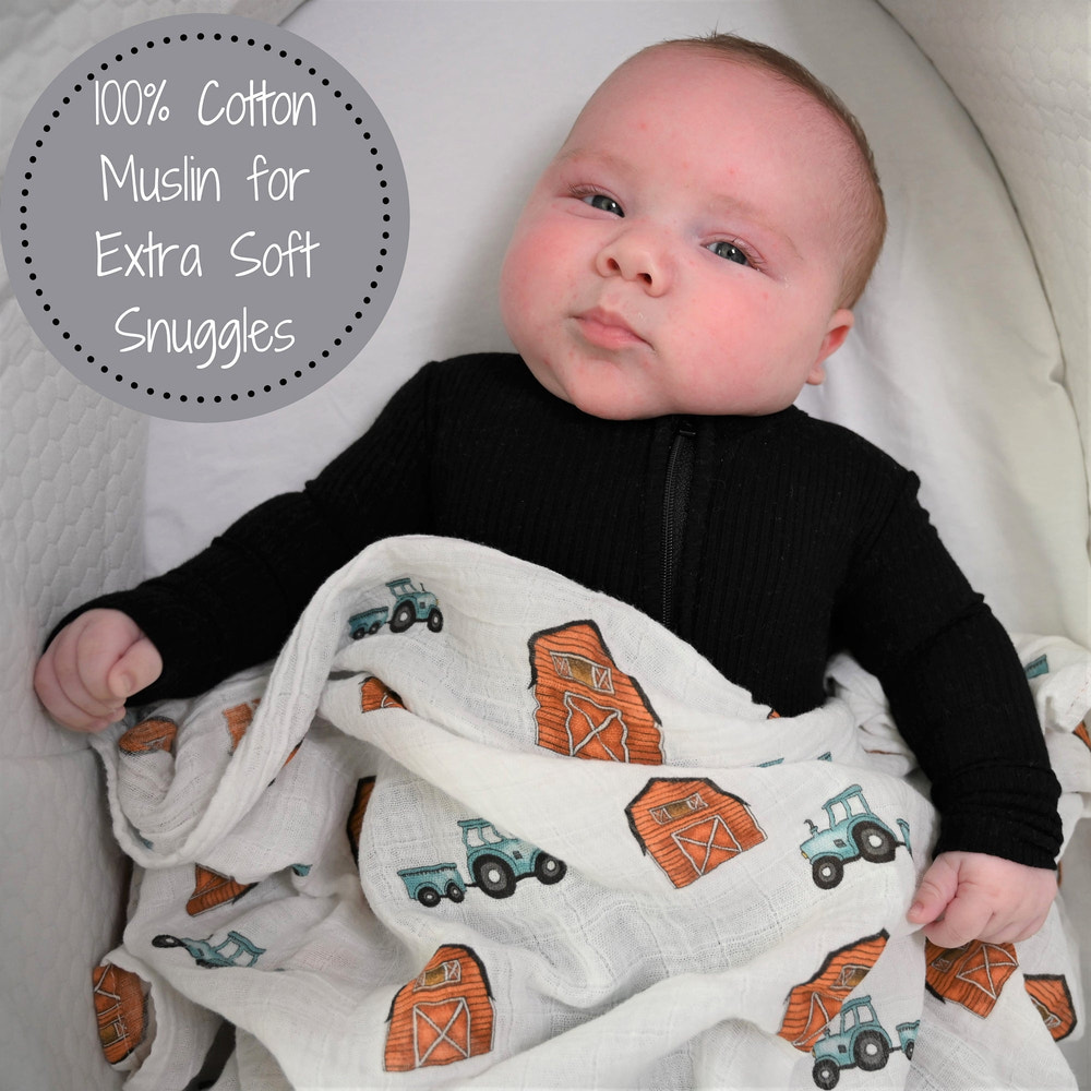 How We Roll Farm Theme Muslin Swaddle Blanket - MOOGCO Baby