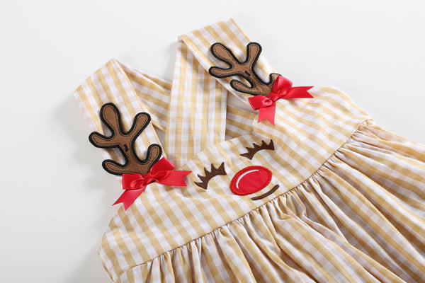 Fawn Brown Gingham Reindeer Pocket Jumper Dress