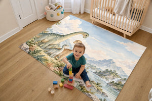Toddler stacking blocks on the Long Neck Family Dinosaur kids rug in a bright bedroom