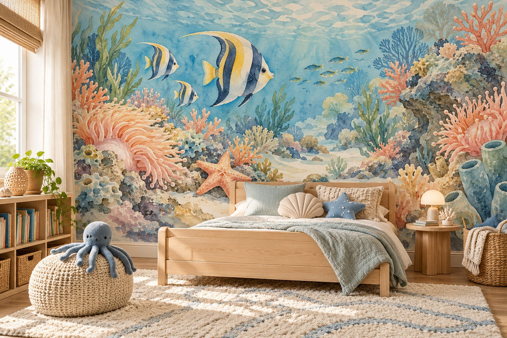 Watercolor Coral Reef Ocean Wall Mural, image 1