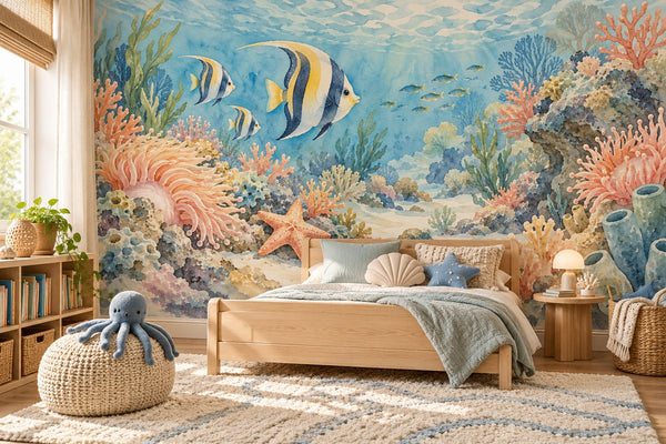 Watercolor Coral Reef Ocean Wall Mural, image 2