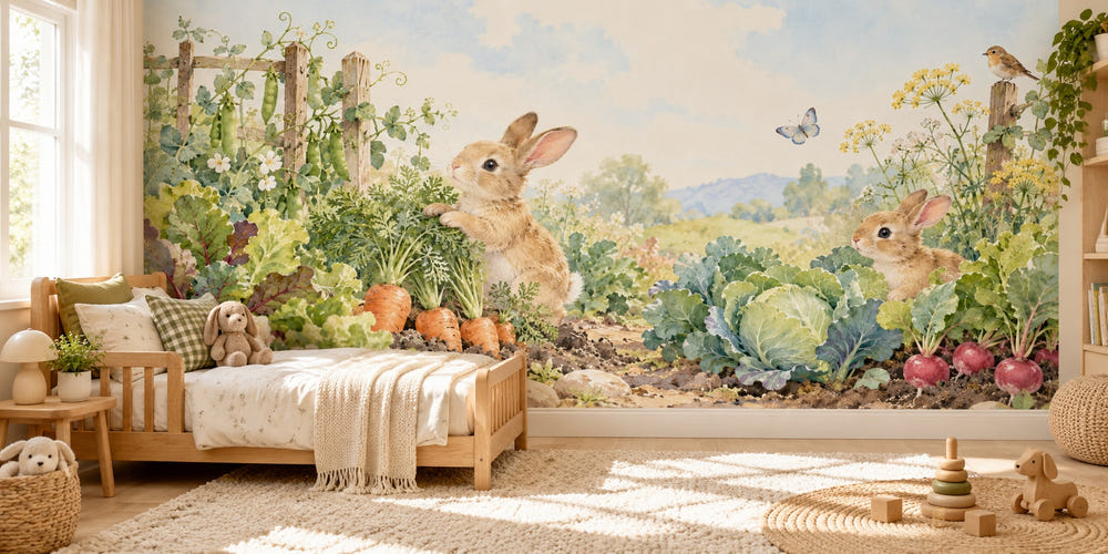 Watercolor Vegetable Garden Bunny Wall Mural, image 1
