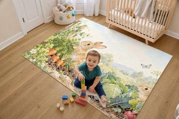 Toddler stacking blocks on the Vegetable Garden Bunny kids rug in a bright bedroom
