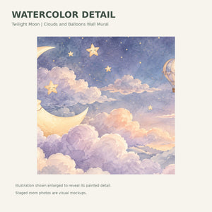 Watercolor Twilight Moon Hot Air Balloon Wall Mural, image 4