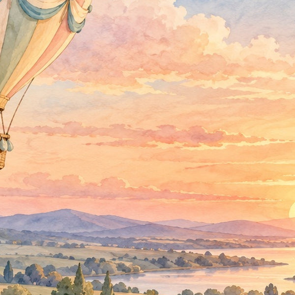Sunset Flight Hot Air Balloon shower curtain, close up of the watercolor artwork