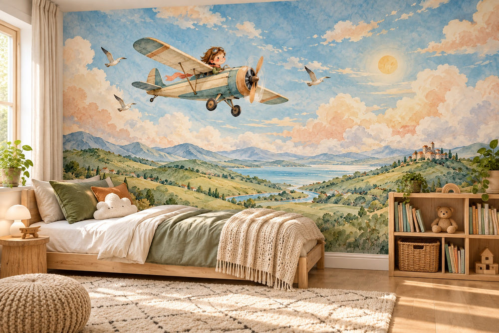 Watercolor Vintage Airplane Wall Mural, image 1